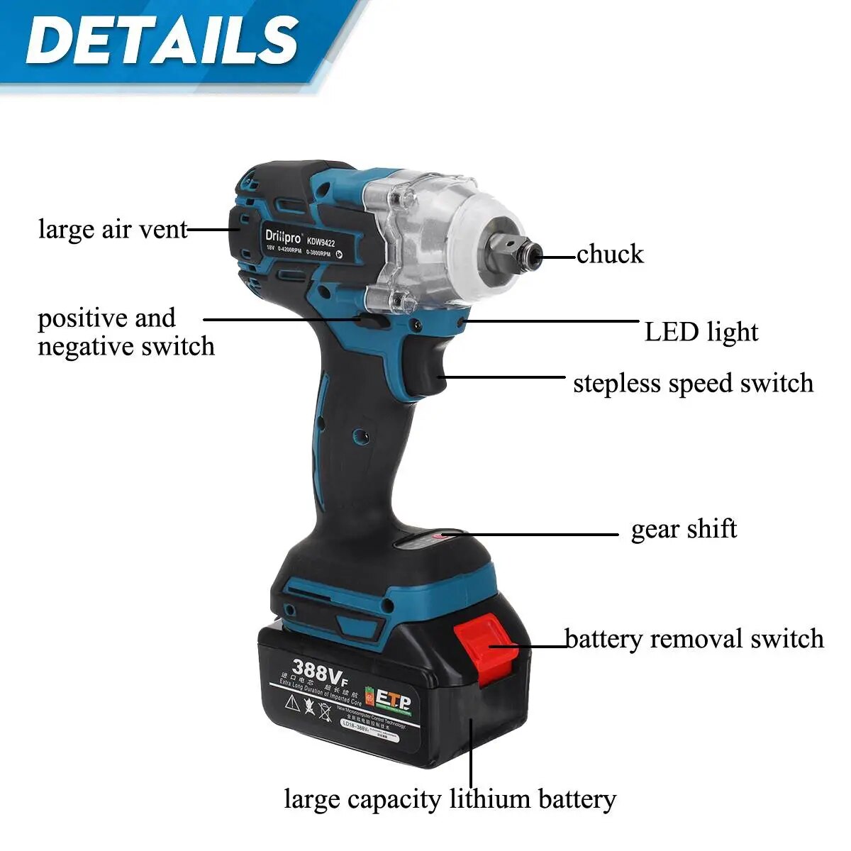 Drillpro 388vf Brushless Cordless Electric Impact Wrench 1/2 inch Power Tool For Home 15000Amh Li Battery For Makita 18V Battery