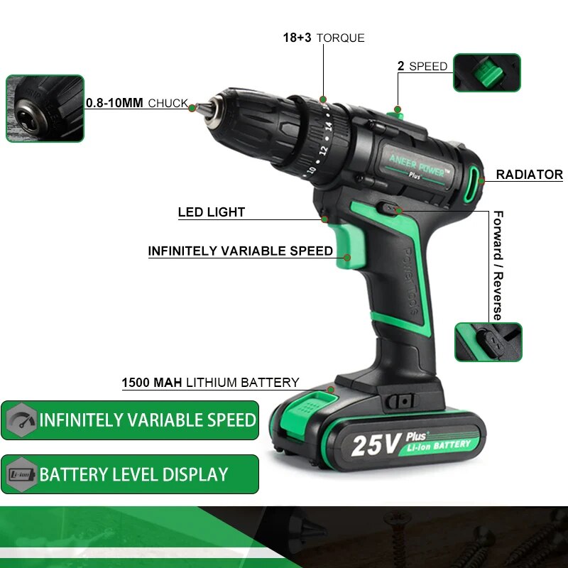 25V Impact Electric Battery Cordless Hand Electric Drill Three Funct Screwdriver Home Diy Power Tools Home Decoration & Drilling