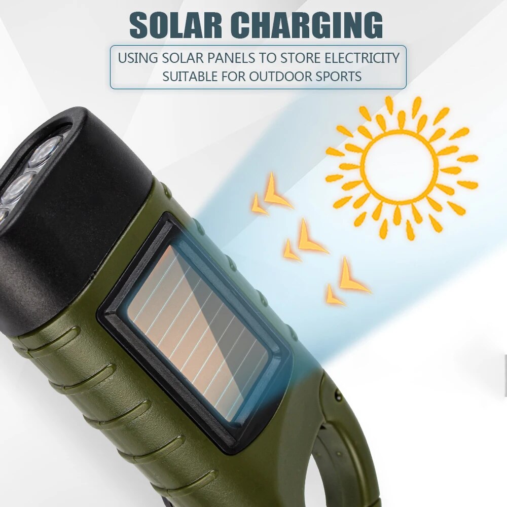 Portable LED Flashlight Hand Crank Dynamo Torch Lantern Professional Solar Power Tent Light for Outdoor Camping Mountaineering