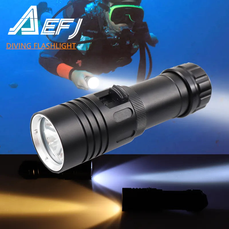 Waterproof IPX8 Diving Flashlight XM-L2 Yellow White LED Torch Dive Underwater 80M Lamp Light Camping use 26650 18650 Battery