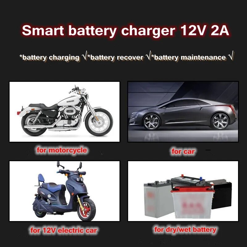 12V 2A Car Auto Battery Charger LED Display 220V 110V EU US Smart Automotive Truck Motorcycle Car Charger For 12V 12AH 14AH 20AH