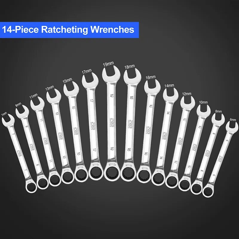 14-piece set multi-function tool ratchet wrench 6-19mm Chrome Vanadium Steel Ratchet Wrenches tool car repair tool By PROSTORMER