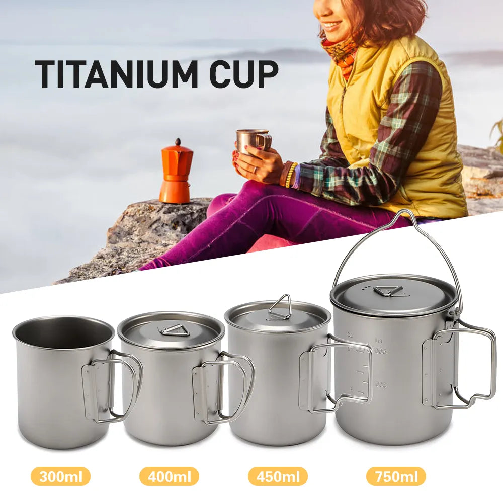 Ultralight Titanium Cup Outdoor Portable Mug Camping Supplies Picnic Water Cup with Foldable Handle 300ml/ 400ml / 450ml / 750ml