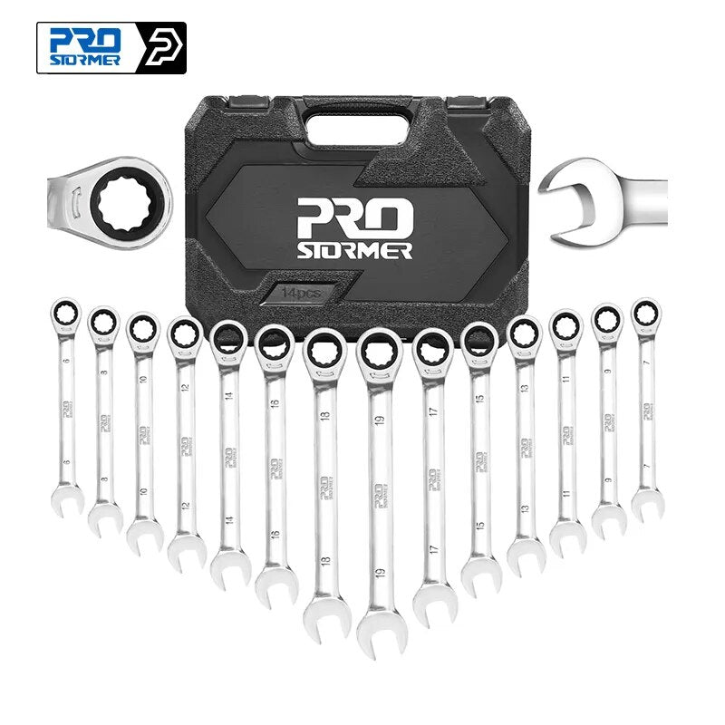 14-piece set multi-function tool ratchet wrench 6-19mm Chrome Vanadium Steel Ratchet Wrenches tool car repair tool By PROSTORMER