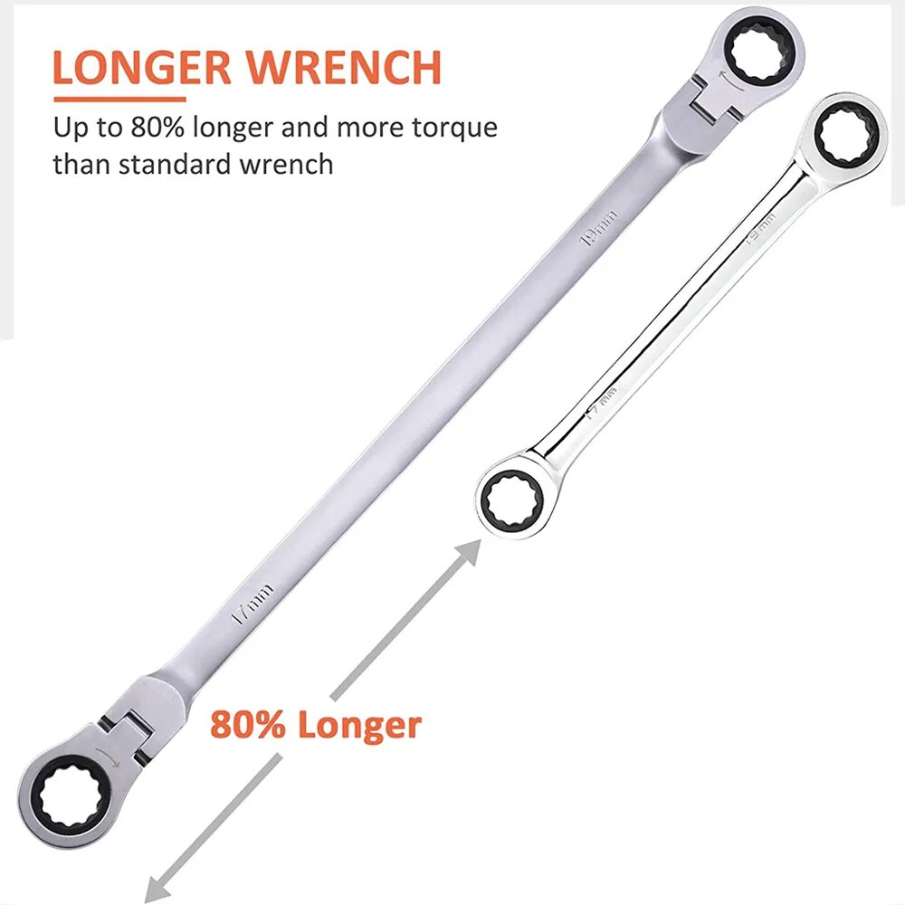 1 Pc Metric  Extra Long Gear Ratcheting Wrench Set 8mm-19mm Made of Chrome Vanadium Steel Rotatable Head