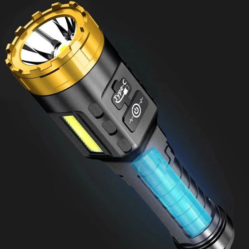 LED Flashlight Long Range Torch USB Rechargeable Flashlight Waterproof with COB Side Light Flashlight Camping Lights Lanterns