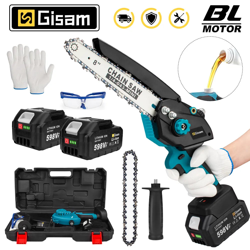 Gisam 8 Inch Brushless Chain Saw with Oil Can Cordless Handheld Pruning Chainsaw Woodworking Electric Saw Cutting Power Tools