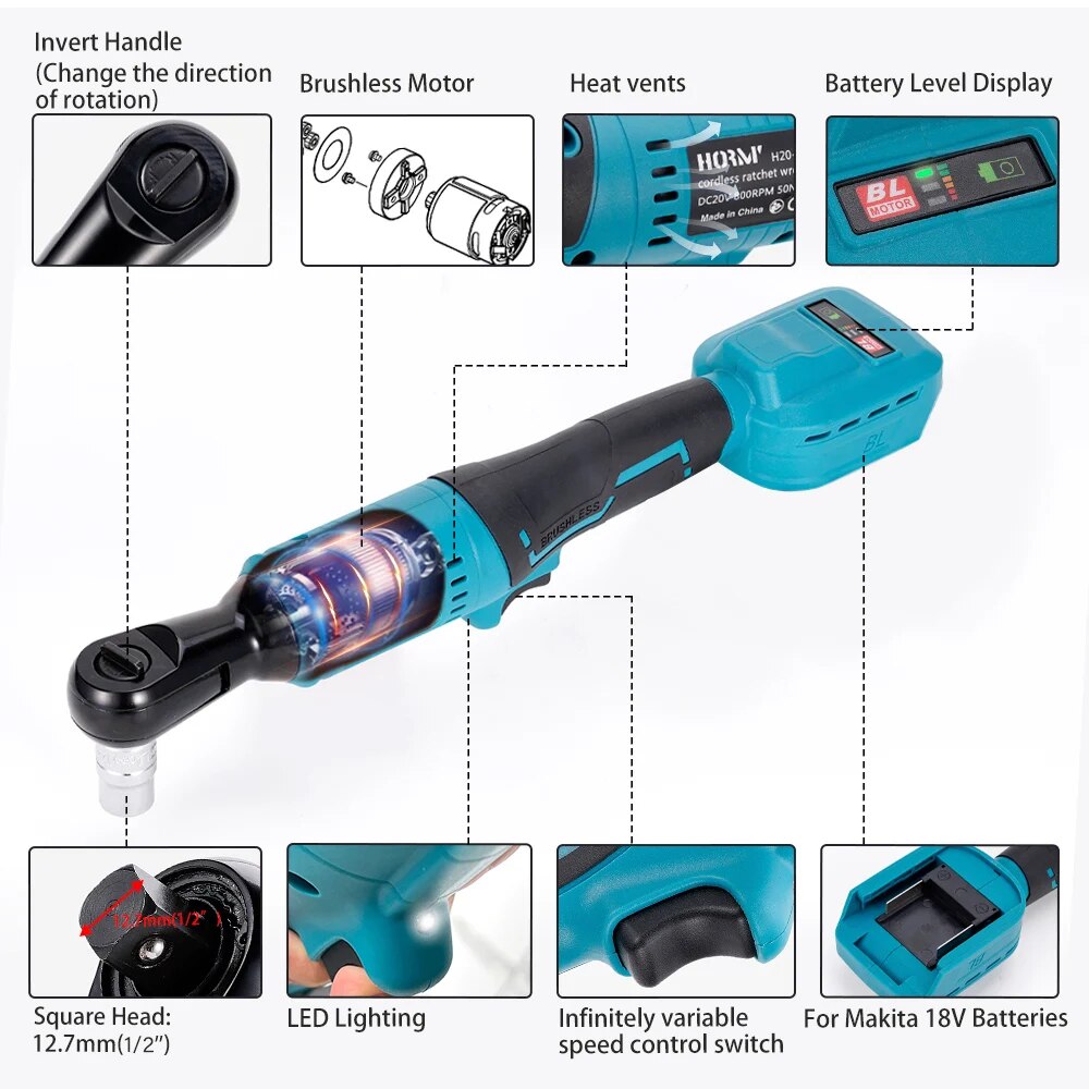 Brushless Electric Wrench 1/2'' Right Angle Ratchet Drill Set 50N.m Removal Screw Nut Car Repair Power Tool For Makita Battery