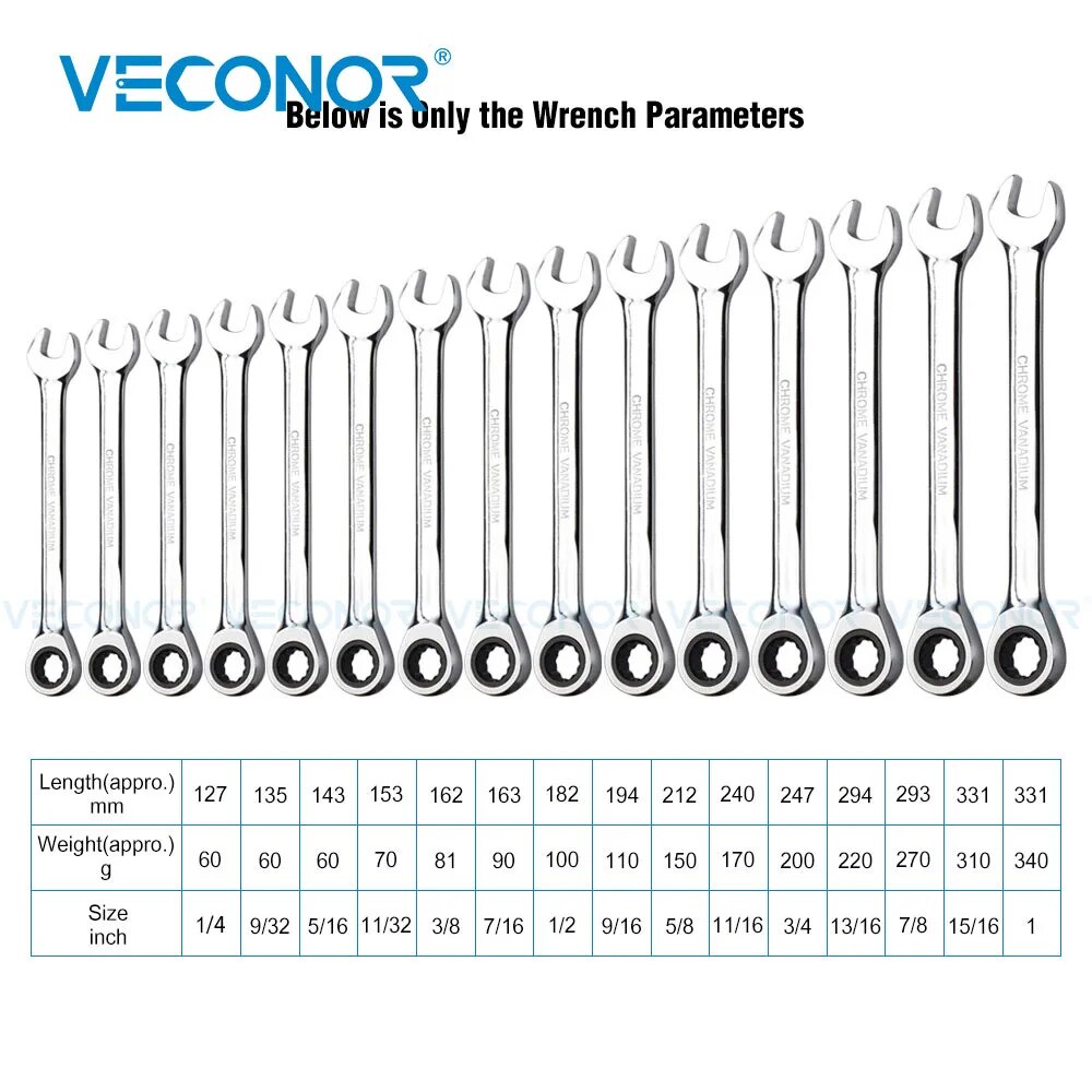 1/4-11/16 Inch Ratchet Wrench Set of Keys High Torque Spanner Tool 72-Tooth Imperial Size Mirror Surface Polished