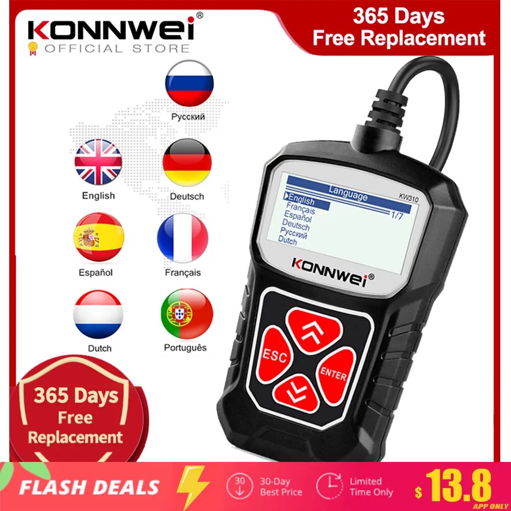 KONNWEI KW310 OBD2 Scanner for Auto OBD 2 Car Scanner Diagnostic Tool Automotive Scanner Car Tools Russian Language PK Elm327