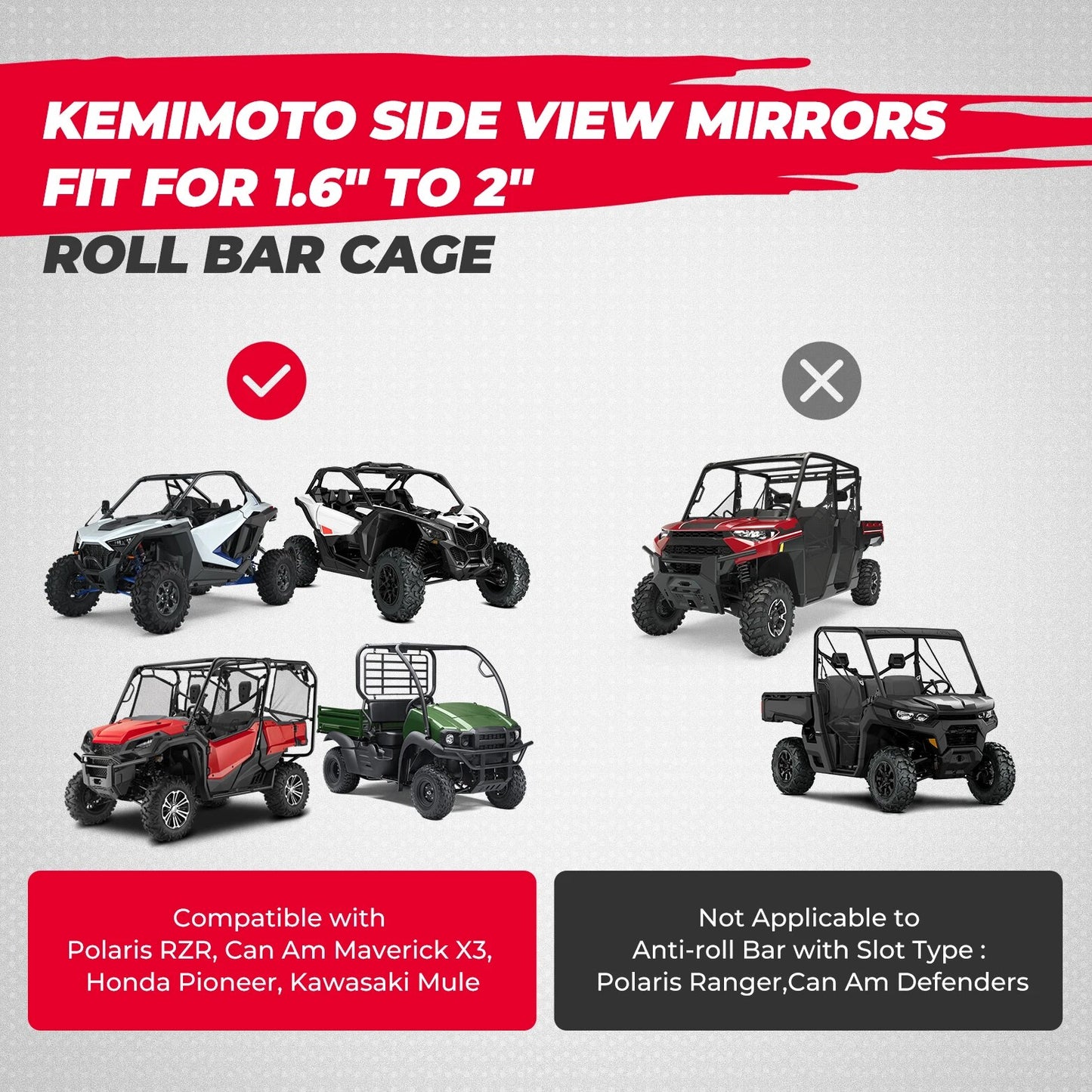 KEMIMOTO 1.6-2" UTV Side Rearview Mirror Compatible with Polaris RZR 1000 XP Ranger for Can-am X3 for CF Moto for John Deere