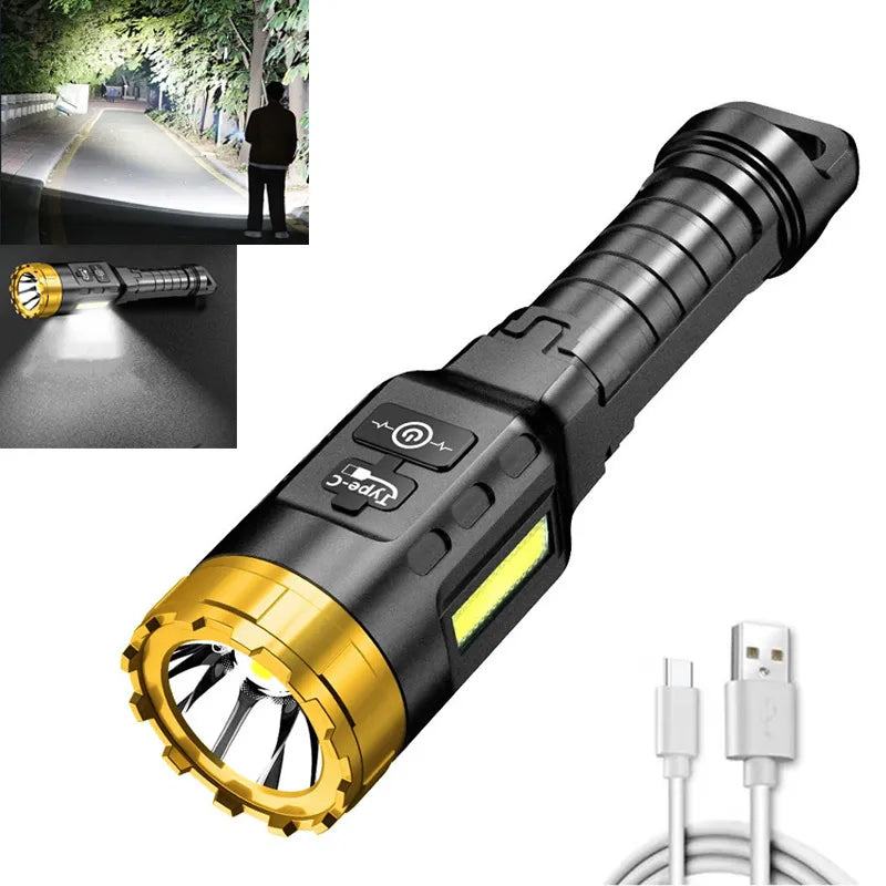 LED Flashlight Long Range Torch USB Rechargeable Flashlight Waterproof with COB Side Light Flashlight Camping Lights Lanterns