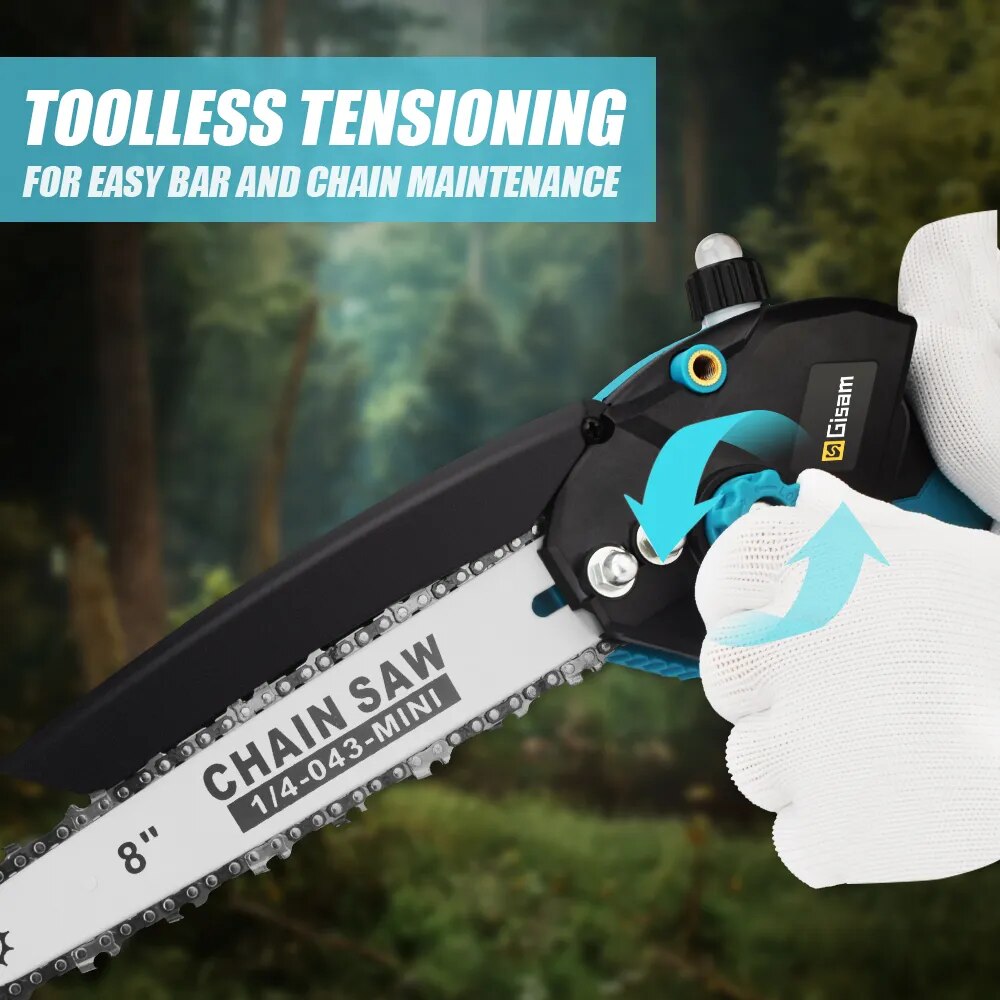 Gisam 8 Inch Brushless Chain Saw with Oil Can Cordless Handheld Pruning Chainsaw Woodworking Electric Saw Cutting Power Tools